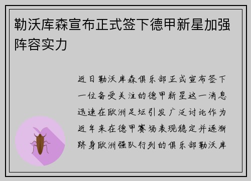 勒沃库森宣布正式签下德甲新星加强阵容实力